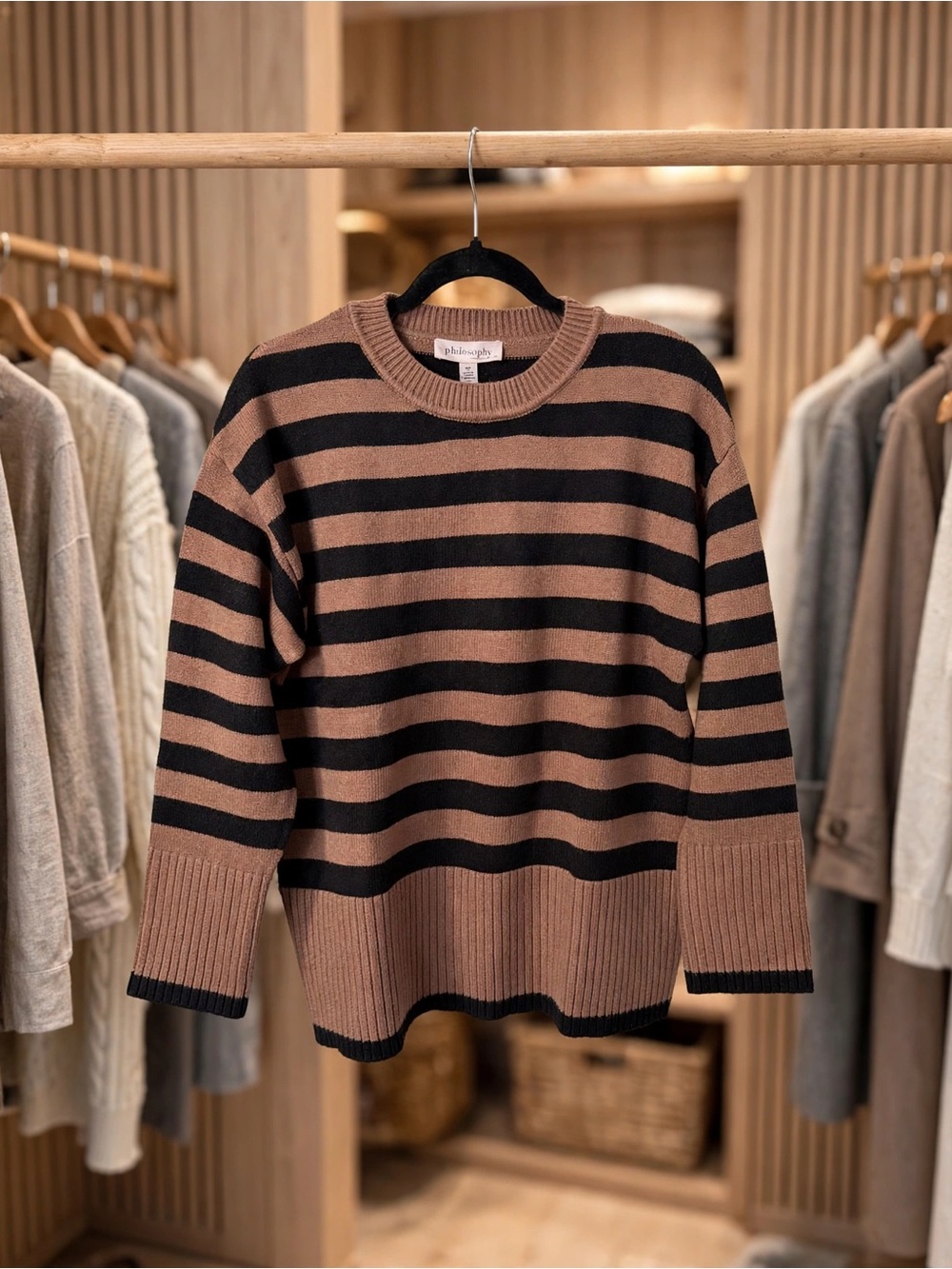 Philosophy Brown Black Striped Knit Sweater Crew Neck Ribbed